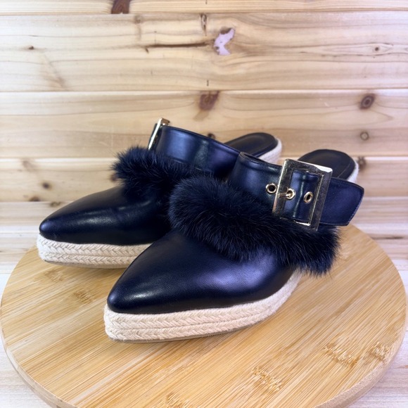 Shoes - Espadrille Wedge Heels Womens 9 Black Faux Leather Pointed Toe Faux Fur Sandals
